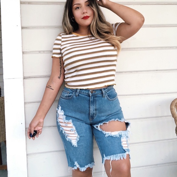Distressed High Waisted Bermuda Jean Shorts - Picture 1 of 6